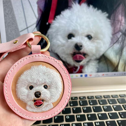 Handmade Leather Pet Portrait Keychain – Custom Dog or Cat Face Charm – A Meaningful Memorial Gift for Pet Lovers