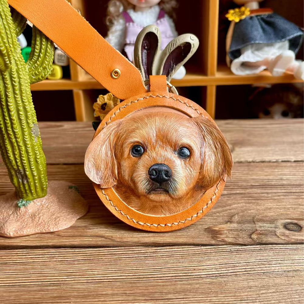 Handmade Leather Pet Portrait Keychain – Custom Dog or Cat Face Charm – A Meaningful Memorial Gift for Pet Lovers