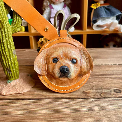 Handmade Leather Pet Portrait Keychain – Custom Dog or Cat Face Charm – A Meaningful Memorial Gift for Pet Lovers