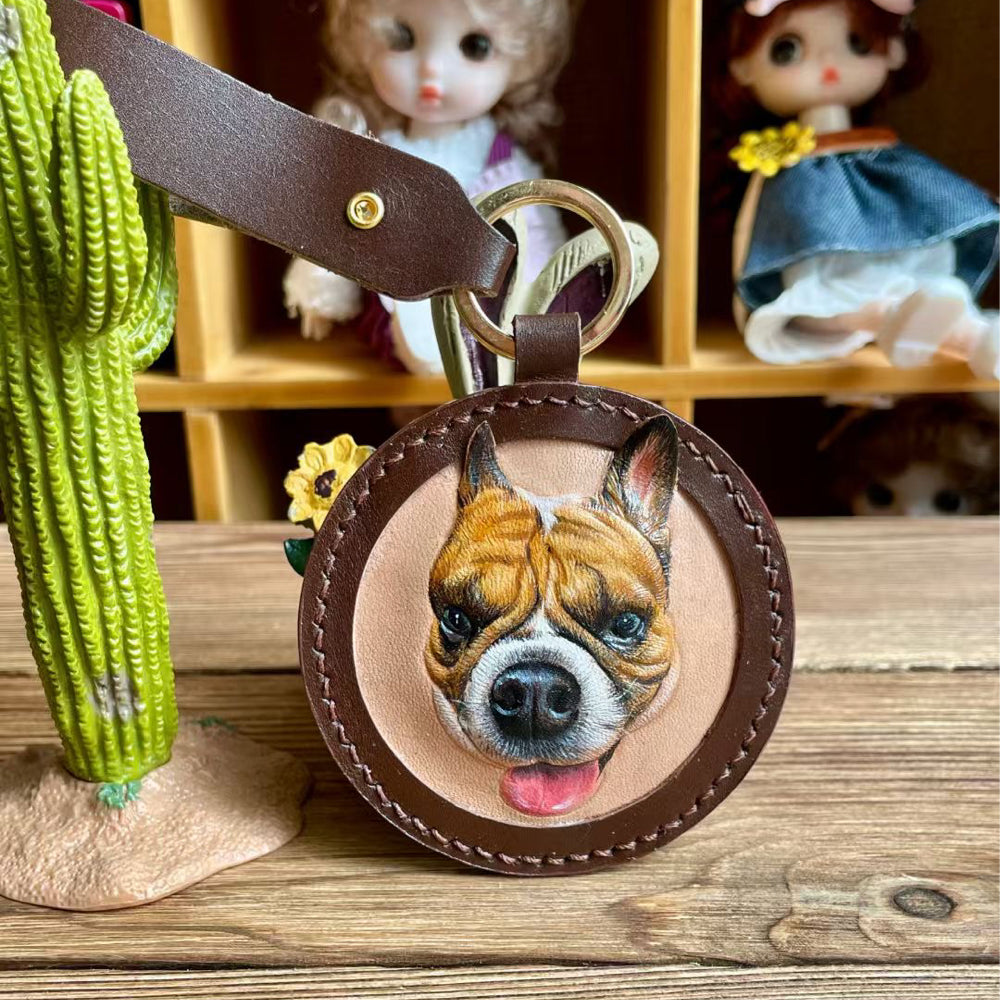 Handmade Leather Pet Portrait Keychain – Custom Dog or Cat Face Charm – A Meaningful Memorial Gift for Pet Lovers