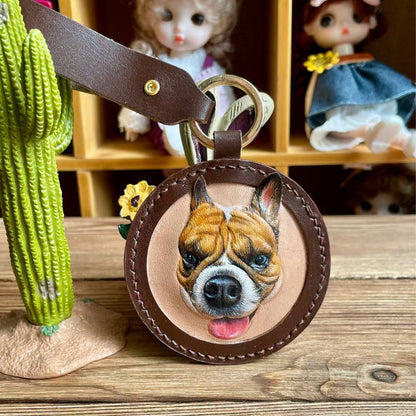 Handmade Leather Pet Portrait Keychain – Custom Dog or Cat Face Charm – A Meaningful Memorial Gift for Pet Lovers